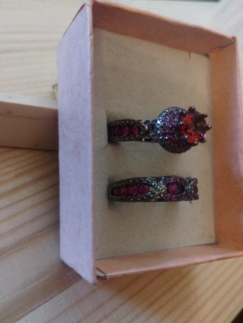 New Pink Gemstone Ring Set 2PC Black Tone  Stackable Statement Rings Size 6